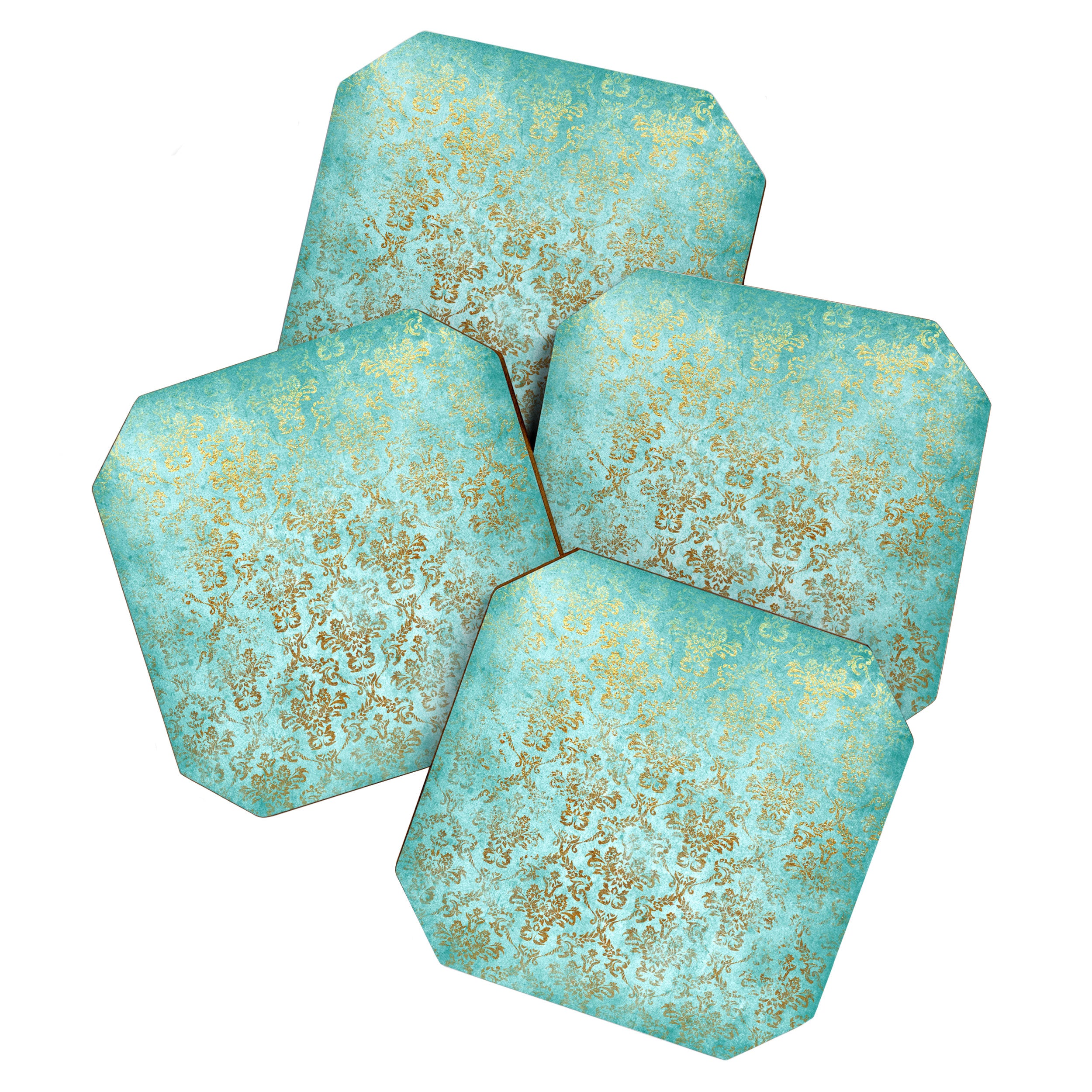 Mermaid Gold Aqua Seafoam Damask Coaster Gallery Image 1