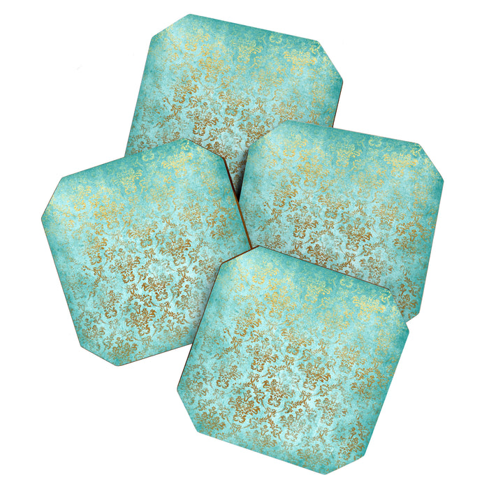 Mermaid Gold Aqua Seafoam Damask Coaster Gallery Image 1
