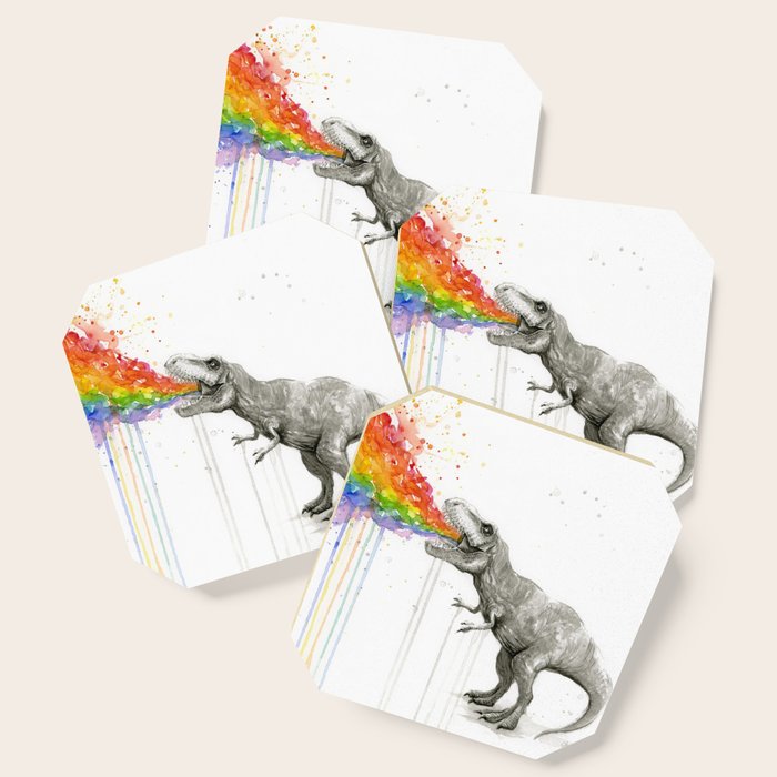 T-Rex Dinosaur Rainbow Puke Taste the Rainbow Watercolor Coaster Gallery Image 1