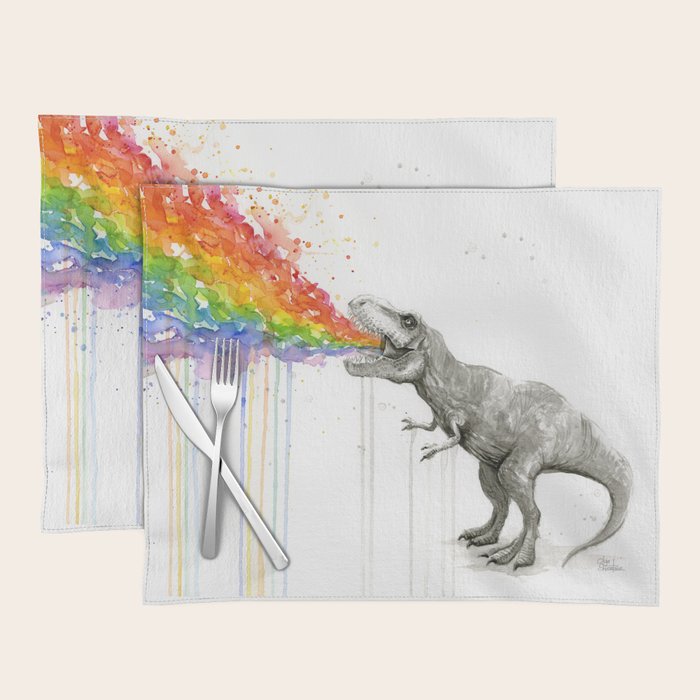 T-Rex Dinosaur Rainbow Puke Taste the Rainbow Watercolor Placemat Gallery Image 1
