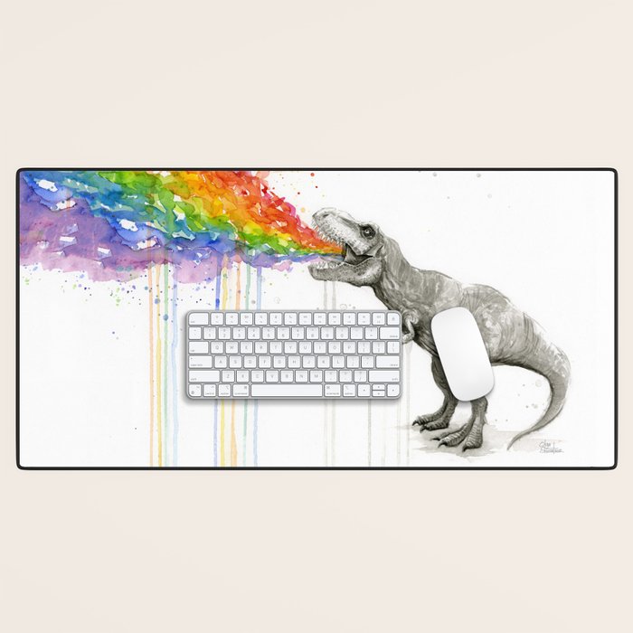 T-Rex Dinosaur Rainbow Puke Taste the Rainbow Watercolor Desk Mat Gallery Image 1