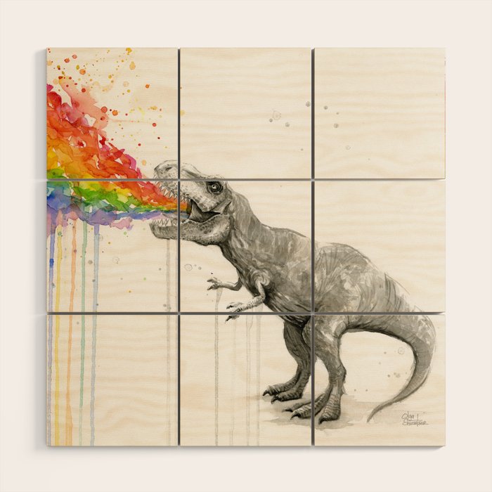 T-Rex Dinosaur Rainbow Puke Taste the Rainbow Watercolor Wood Wall Art Gallery Image 1