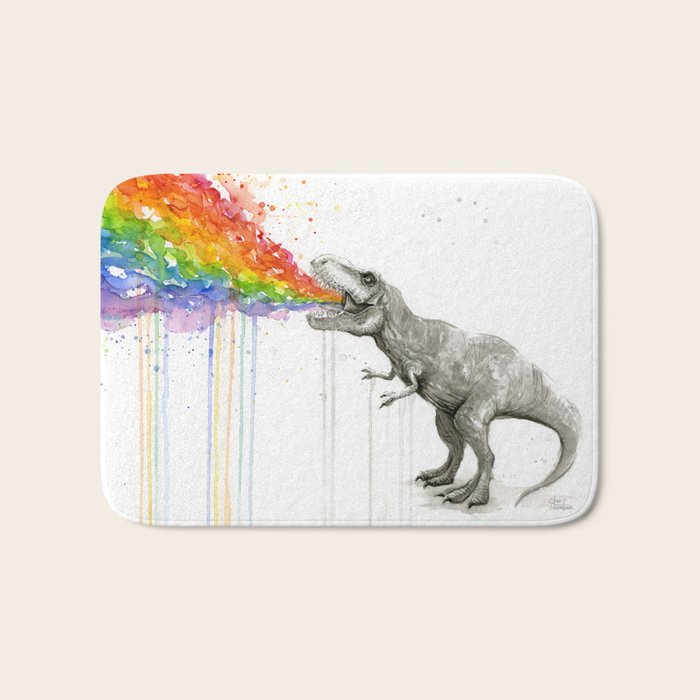 T-Rex Dinosaur Rainbow Puke Taste the Rainbow Watercolor Bath Mat Gallery Image 1