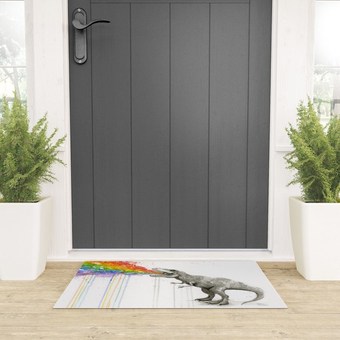 T-Rex Dinosaur Rainbow Puke Taste the Rainbow Watercolor Welcome Mat Gallery Image 3
