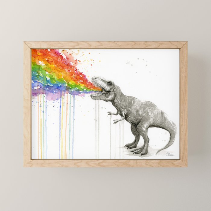 T-Rex Dinosaur Rainbow Puke Taste the Rainbow Watercolor Mini Art Print Gallery Image 1