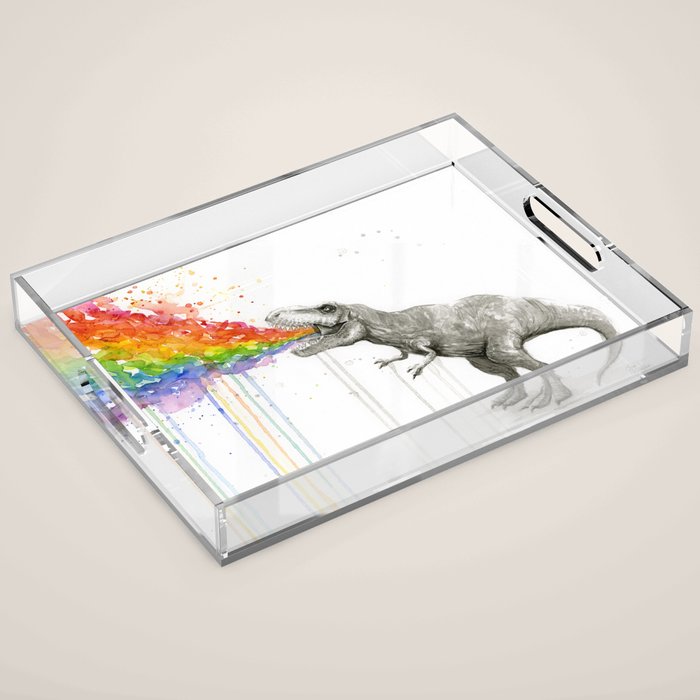 T-Rex Dinosaur Rainbow Puke Taste the Rainbow Watercolor Acrylic Tray Gallery Image 1