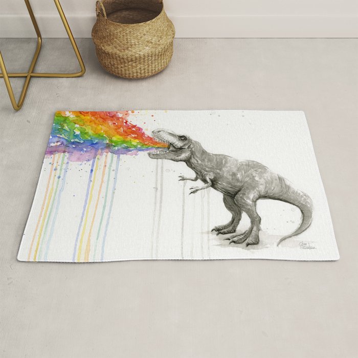 T-Rex Dinosaur Rainbow Puke Taste the Rainbow Watercolor Rug Gallery Image 1