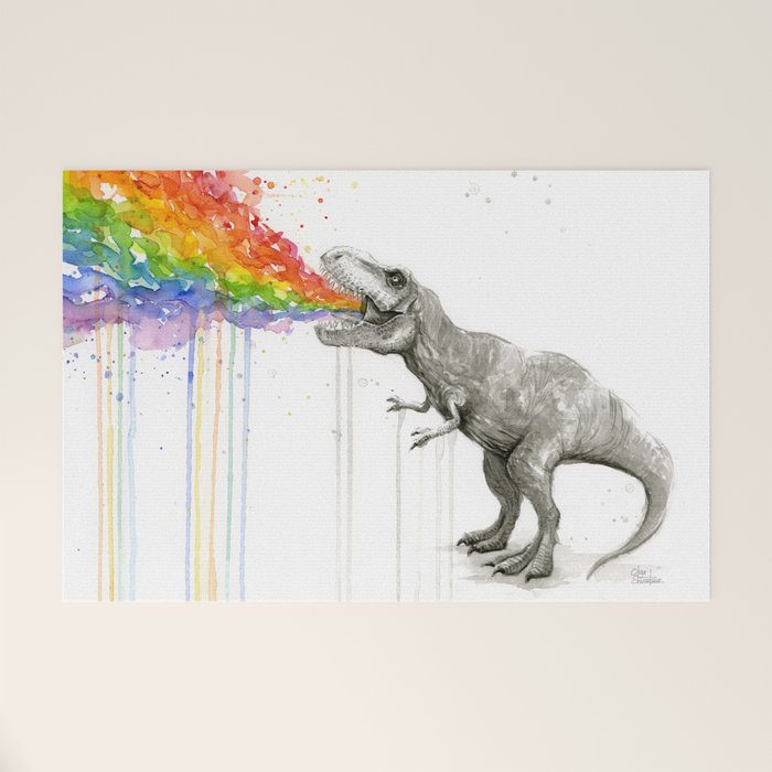 T-Rex Dinosaur Rainbow Puke Taste the Rainbow Watercolor Welcome Mat Gallery Image 1