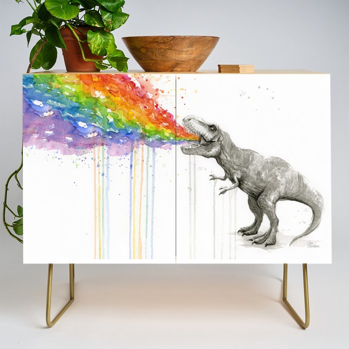 T-Rex Dinosaur Rainbow Puke Taste the Rainbow Watercolor Credenza Gallery Image 1