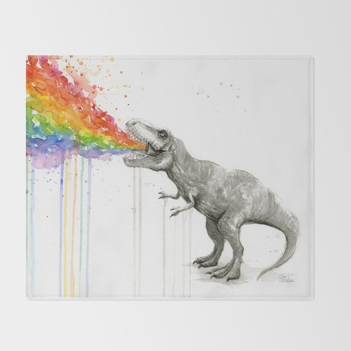 T-Rex Dinosaur Rainbow Puke Taste the Rainbow Watercolor Throw Blanket Gallery Image 2