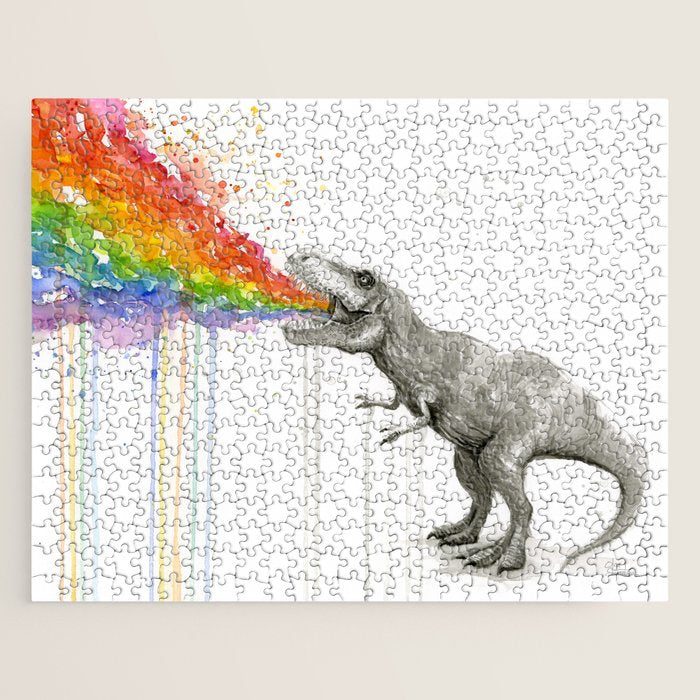 T-Rex Dinosaur Rainbow Puke Taste the Rainbow Watercolor Jigsaw Puzzle Gallery Image 1
