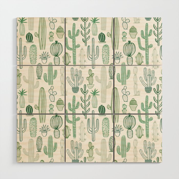 Cactus plant hand drawn doodle pattern Wood Wall Art Gallery Image 1