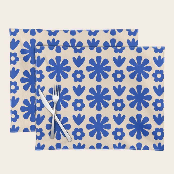 Scandi Floral Grid Retro Flower Pattern Bright Blue and Cream Placemat Gallery Image 1