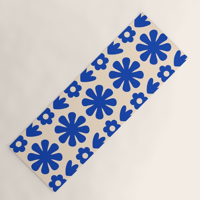 Scandi Floral Grid Retro Flower Pattern Bright Blue and Cream Yoga Mat Gallery Image 1