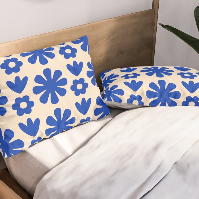Scandi Floral Grid Retro Flower Pattern Bright Blue and Cream Pillow Sham Gallery Image 2