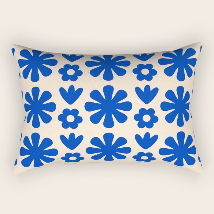 Scandi Floral Grid Retro Flower Pattern Bright Blue and Cream Rectangular Pillow Gallery Image 1