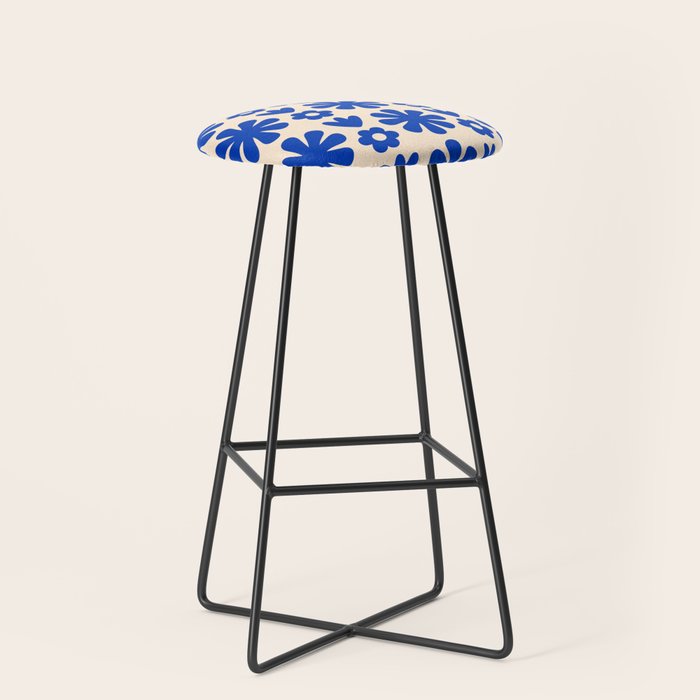 Scandi Floral Grid Retro Flower Pattern Bright Blue and Cream Stool Gallery Image 1