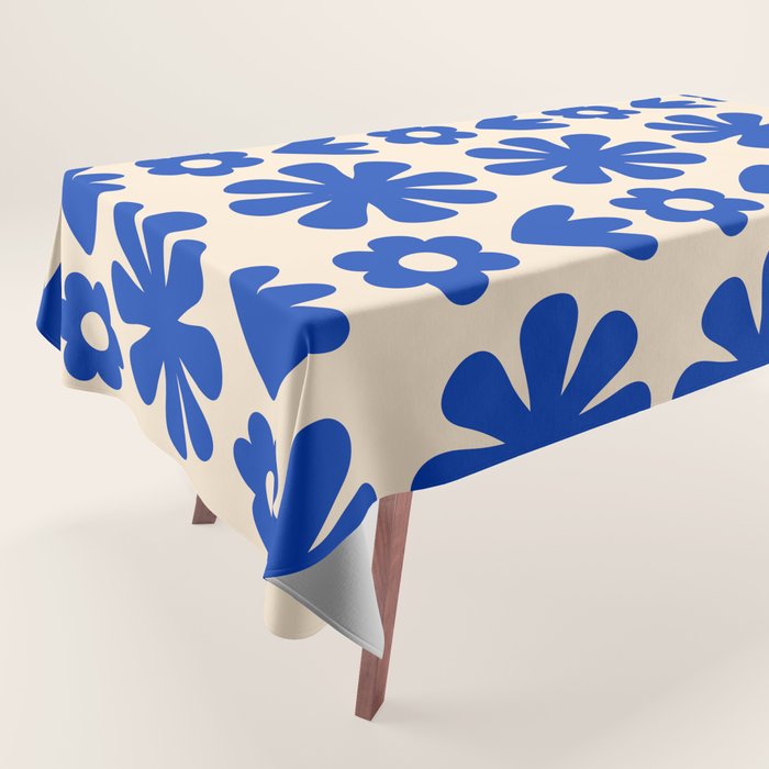 Scandi Floral Grid Retro Flower Pattern Bright Blue and Cream Tablecloth Gallery Image 1