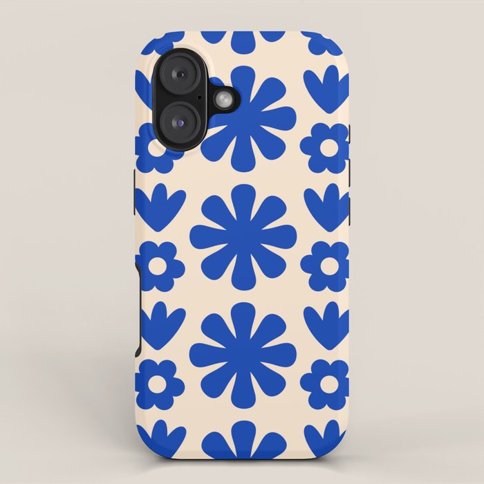 Scandi Floral Grid Retro Flower Pattern Bright Blue and Cream iPhone Case Gallery Image 1