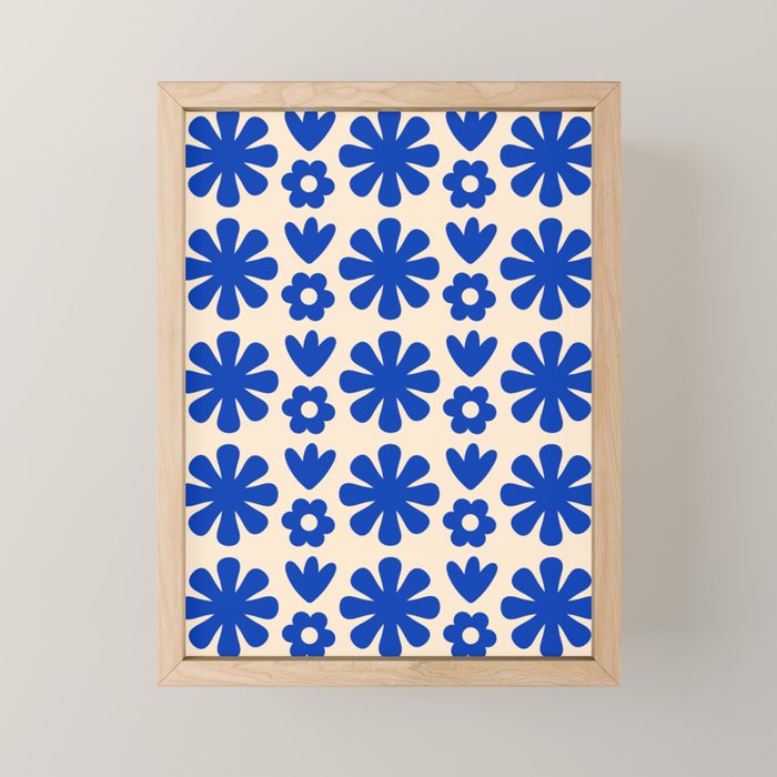 Scandi Floral Grid Retro Flower Pattern Bright Blue and Cream Mini Art Print Gallery Image 1