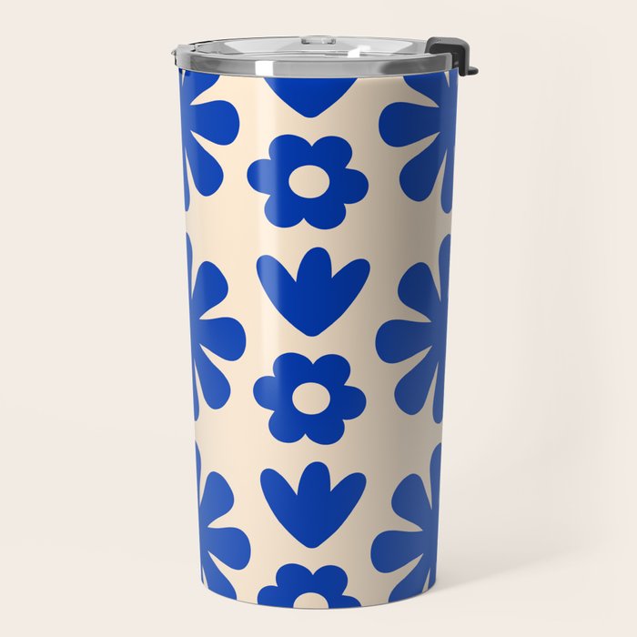 Scandi Floral Grid Retro Flower Pattern Bright Blue and Cream Travel Mug Gallery Image 2