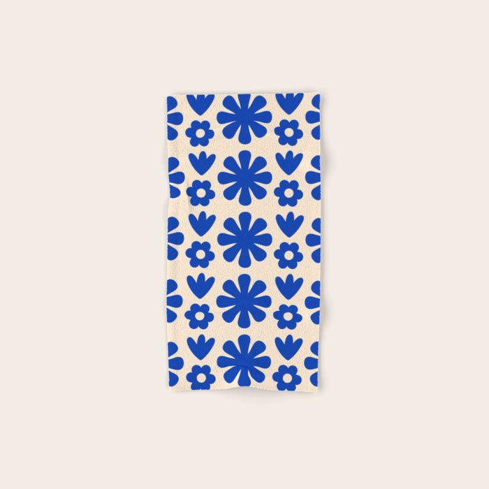 Scandi Floral Grid Retro Flower Pattern Bright Blue and Cream Bath Towel Gallery Image 1