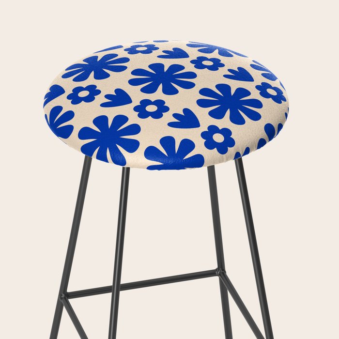 Scandi Floral Grid Retro Flower Pattern Bright Blue and Cream Stool Gallery Image 2