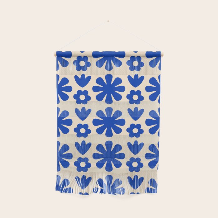 Scandi Floral Grid Retro Flower Pattern Bright Blue and Cream Wall Hanging Gallery Image 1