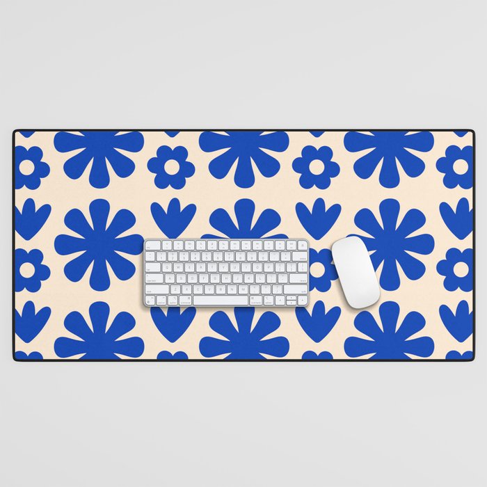 Scandi Floral Grid Retro Flower Pattern Bright Blue and Cream Desk Mat Gallery Image 1