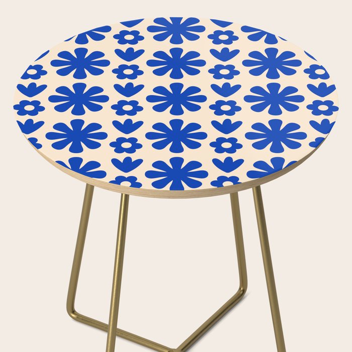 Scandi Floral Grid Retro Flower Pattern Bright Blue and Cream Side Table Gallery Image 2