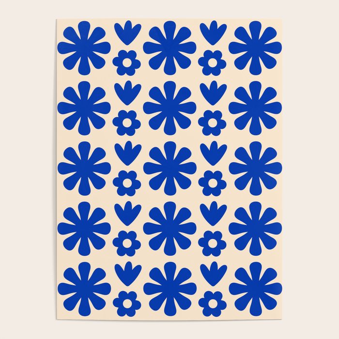 Scandi Floral Grid Retro Flower Pattern Bright Blue and Cream Poster Gallery Image 4