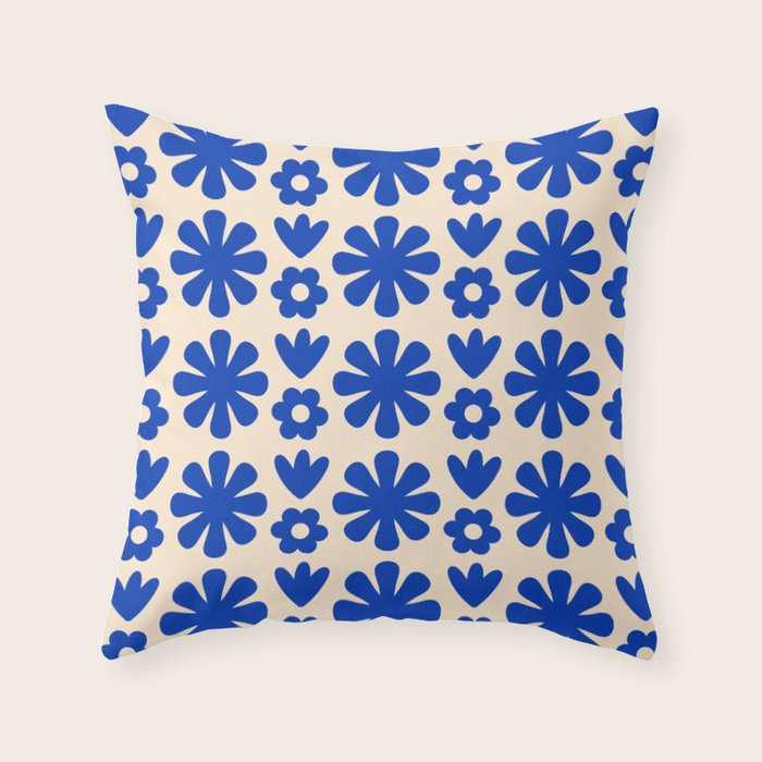 Scandi Floral Grid Retro Flower Pattern Bright Blue and Cream Throw Pillow Gallery Image 1