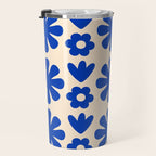 Scandi Floral Grid Retro Flower Pattern Bright Blue and Cream Travel Mug Gallery Image 3