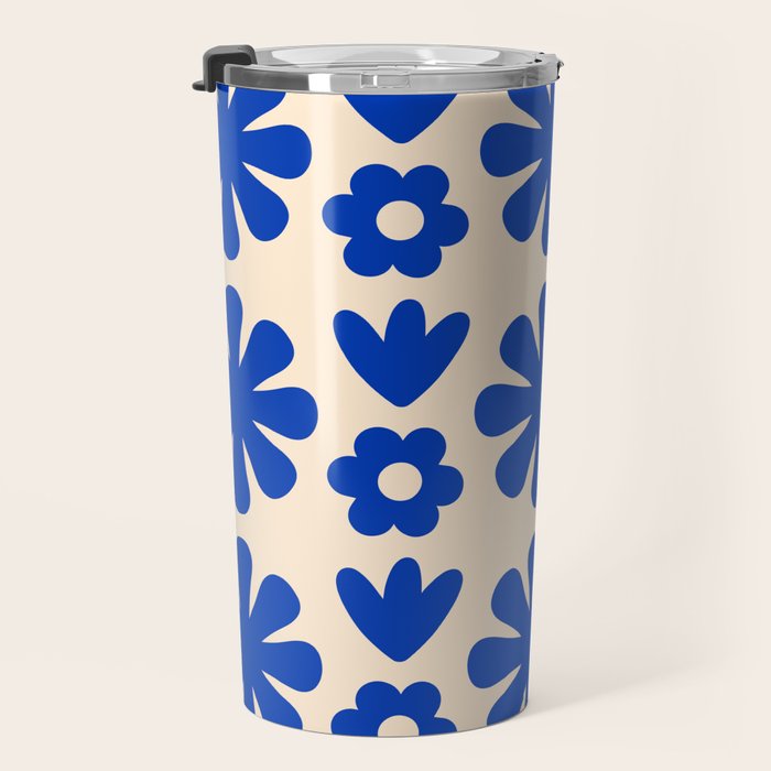 Scandi Floral Grid Retro Flower Pattern Bright Blue and Cream Travel Mug Gallery Image 3