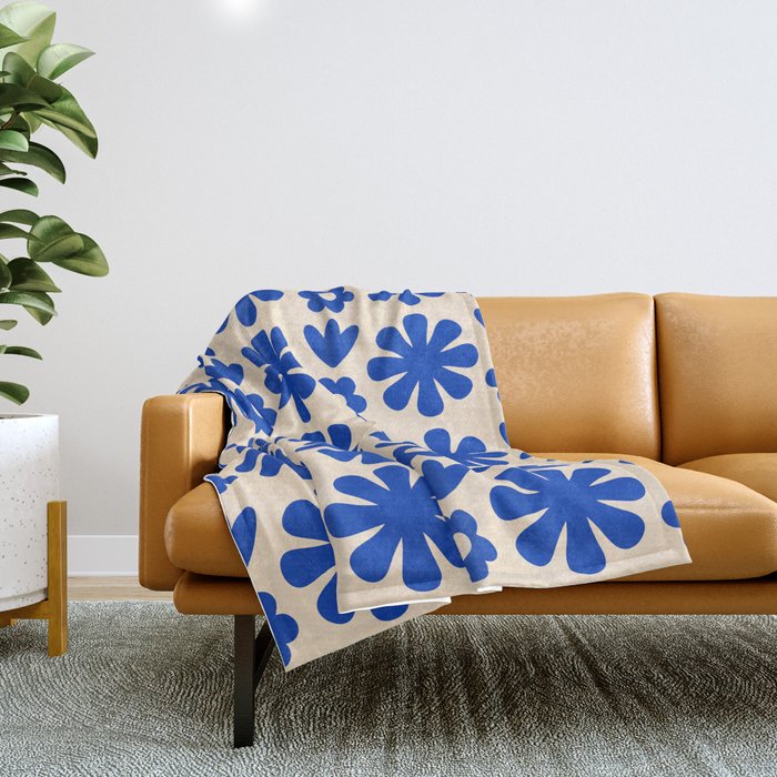 Scandi Floral Grid Retro Flower Pattern Bright Blue and Cream Throw Blanket Gallery Image 1