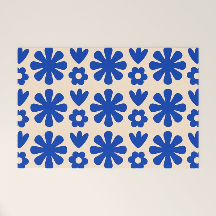 Scandi Floral Grid Retro Flower Pattern Bright Blue and Cream Welcome Mat Gallery Image 1