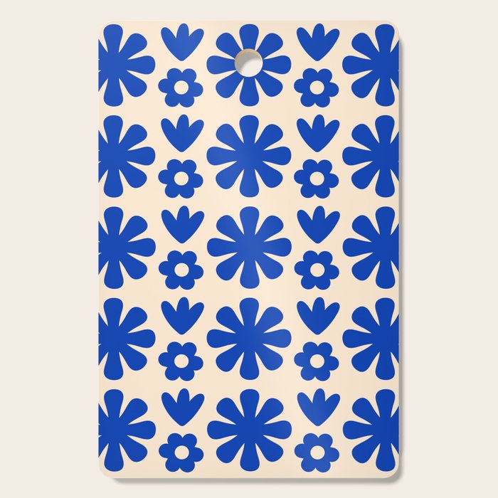 Scandi Floral Grid Retro Flower Pattern Bright Blue and Cream Cutting Board Gallery Image 1