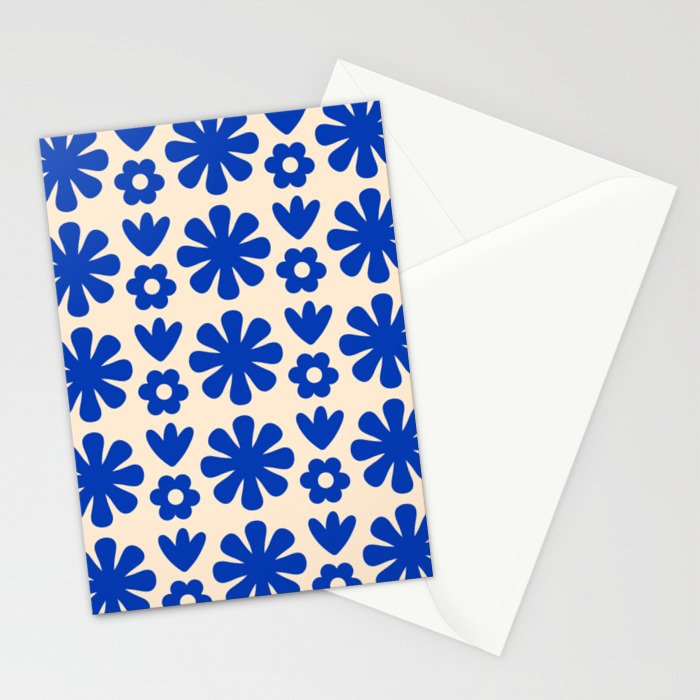 Scandi Floral Grid Retro Flower Pattern Bright Blue and Cream Stationery Card Gallery Image 2