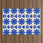 Scandi Floral Grid Retro Flower Pattern Bright Blue and Cream Outdoor Rug Gallery Image 1