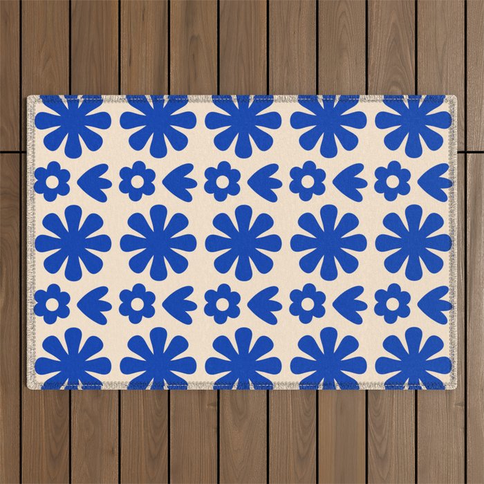 Scandi Floral Grid Retro Flower Pattern Bright Blue and Cream Outdoor Rug Gallery Image 1