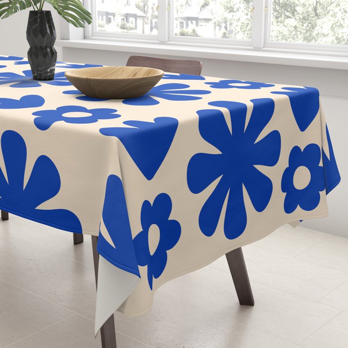 Scandi Floral Grid Retro Flower Pattern Bright Blue and Cream Tablecloth Gallery Image 3