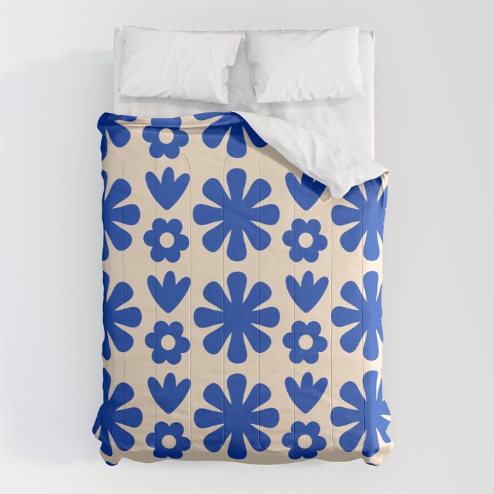 Scandi Floral Grid Retro Flower Pattern Bright Blue and Cream Comforter Gallery Image 6