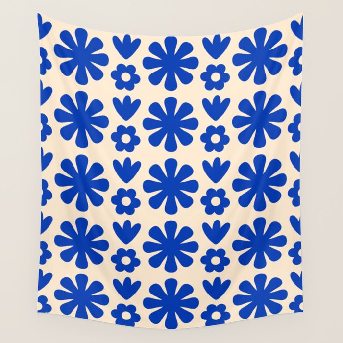 Scandi Floral Grid Retro Flower Pattern Bright Blue and Cream Wall Tapestry Gallery Image 4
