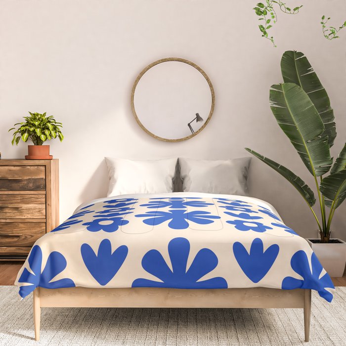 Scandi Floral Grid Retro Flower Pattern Bright Blue and Cream Comforter Gallery Image 3