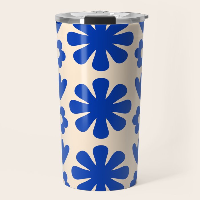 Scandi Floral Grid Retro Flower Pattern Bright Blue and Cream Travel Mug Gallery Image 1