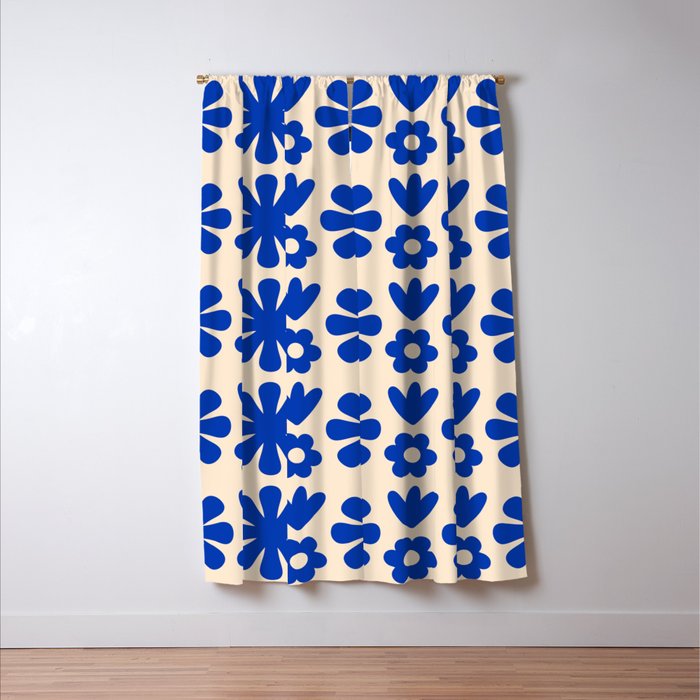 Scandi Floral Grid Retro Flower Pattern Bright Blue and Cream Window Curtain Gallery Image 3