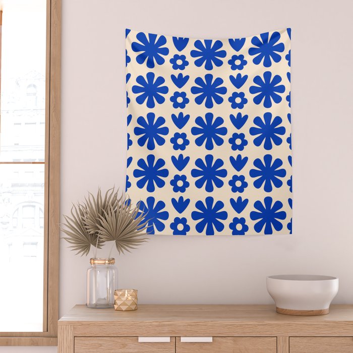 Scandi Floral Grid Retro Flower Pattern Bright Blue and Cream Wall Tapestry Gallery Image 2