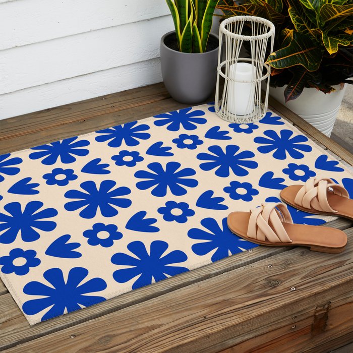 Scandi Floral Grid Retro Flower Pattern Bright Blue and Cream Outdoor Rug Gallery Image 2