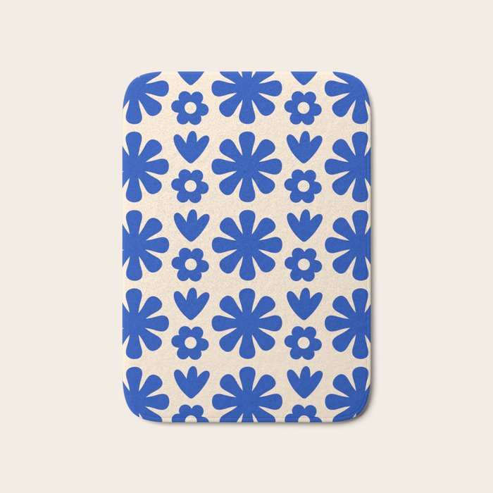 Scandi Floral Grid Retro Flower Pattern Bright Blue and Cream Bath Mat Gallery Image 1