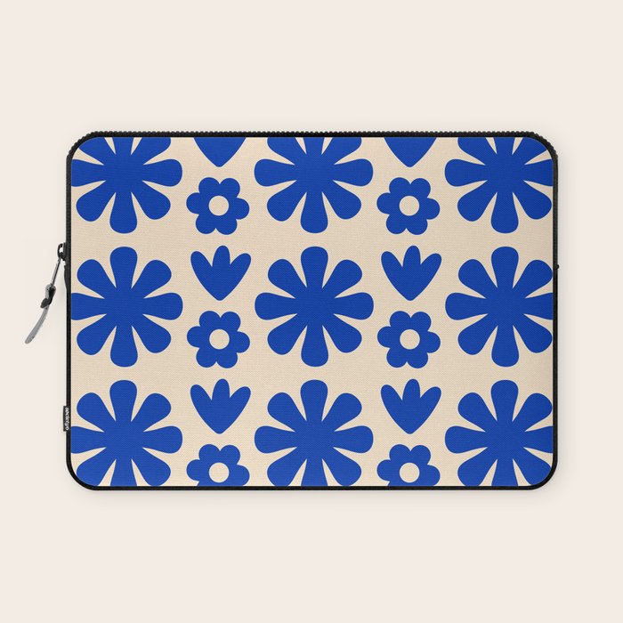Scandi Floral Grid Retro Flower Pattern Bright Blue and Cream Laptop Sleeve Gallery Image 1